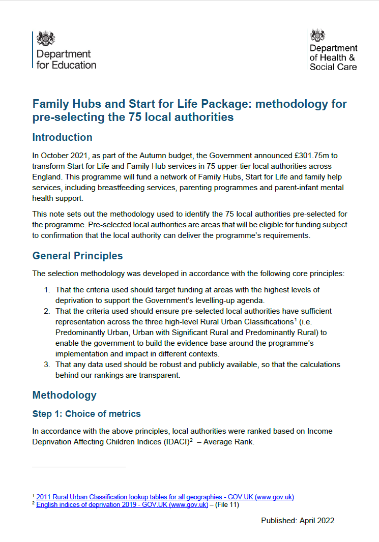 Family Hubs and Start for Life Package: methodology for pre-selecting the 75 local authorities